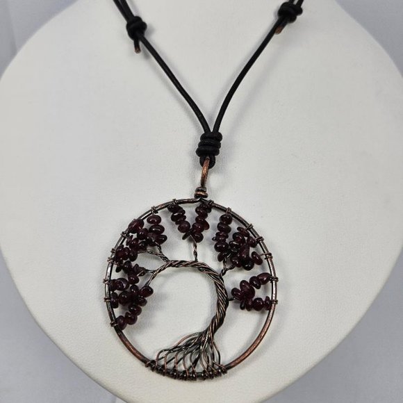 Garnet Tree of Life round Pendent on Black Leather Cord Adjustable - Picture 1 of 3